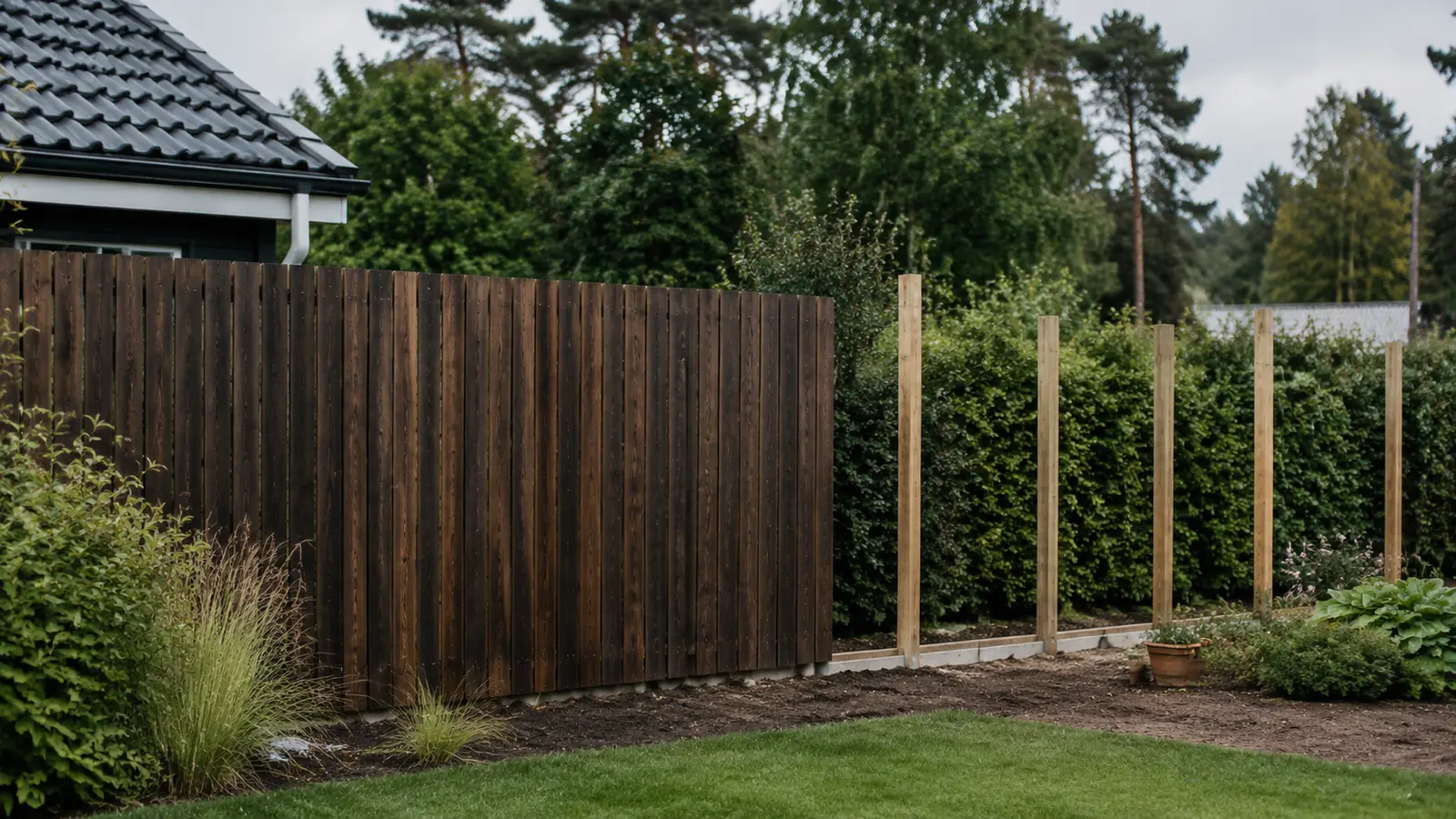 Lodret bræddehegn i skel med nyopsatte stolper klar til det næste fag