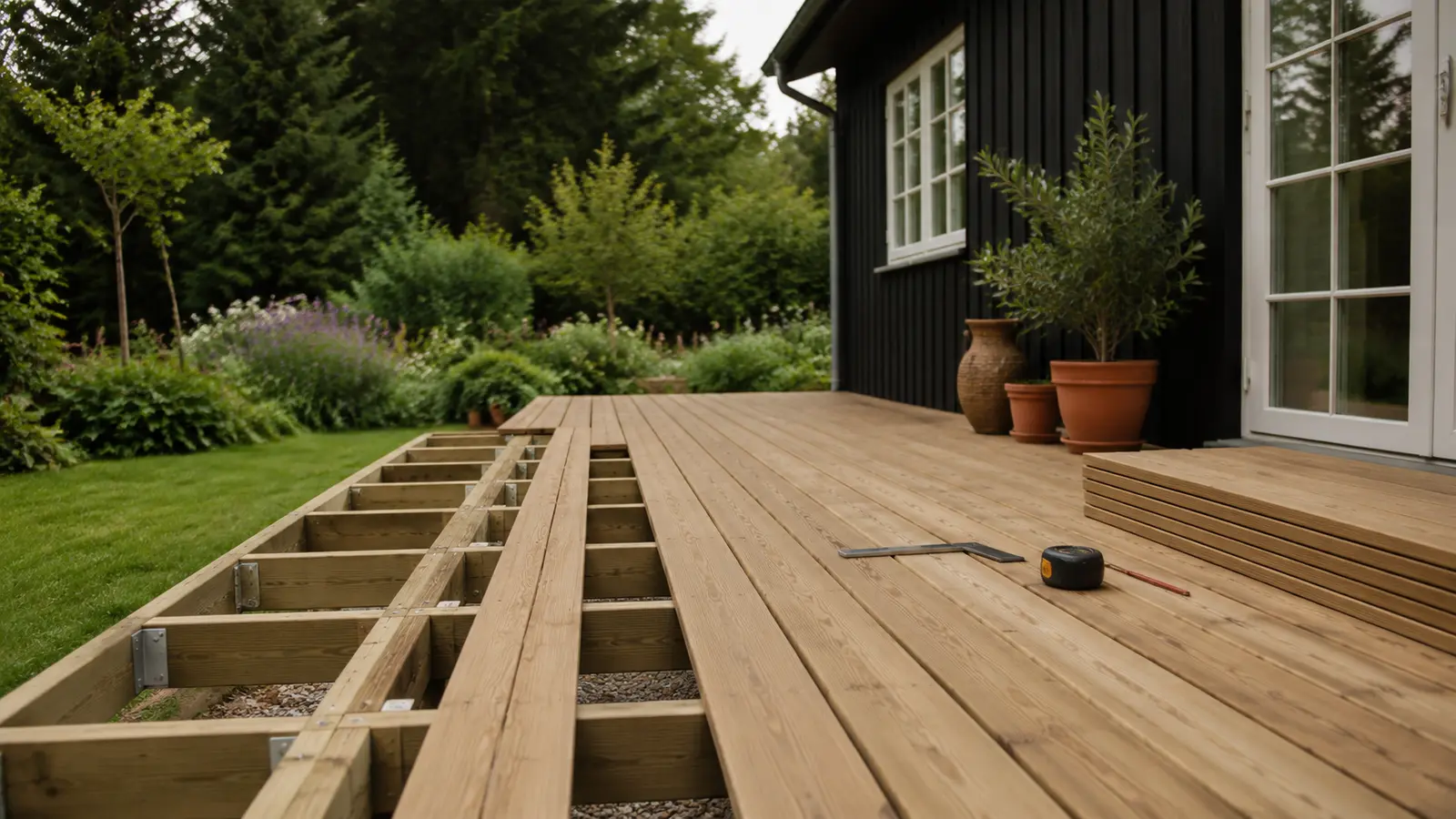 Træterrasse under opbygning med synlige strøer og nylagte terrassebrædder